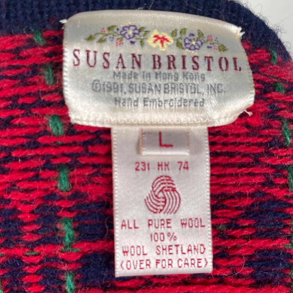Vintage 90's Susan Bristol Wool Cardigan Sweater Plaid Knit Navy Red Green- L - Picture 10 of 16